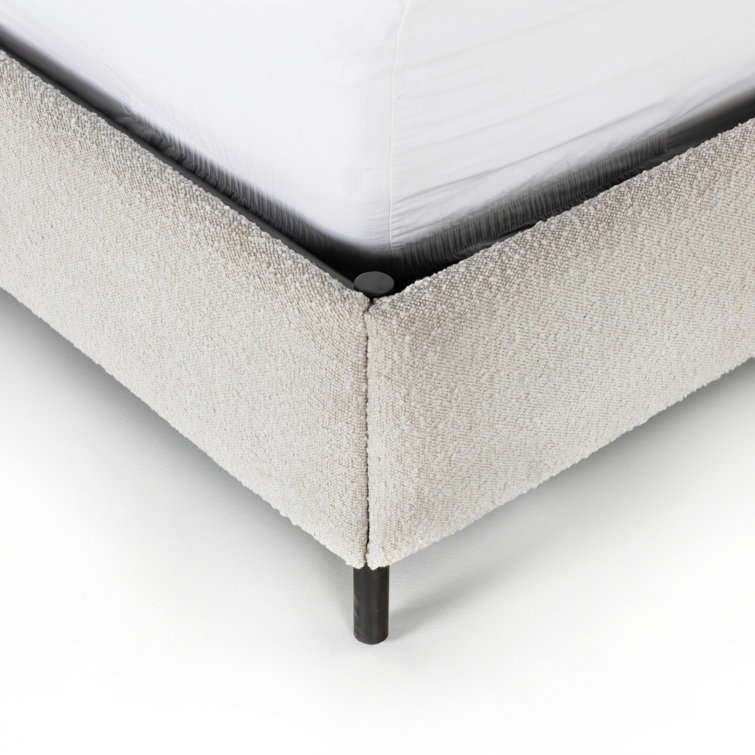 King Cream Upholstered Metal Frame Bed with Faux Leather Straps