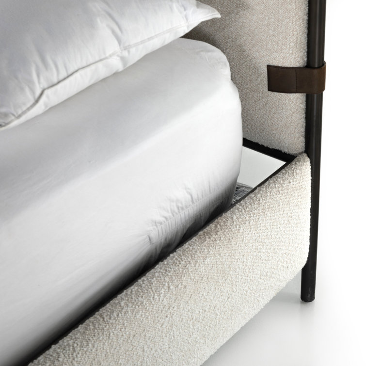 King Cream Upholstered Metal Frame Bed with Faux Leather Straps