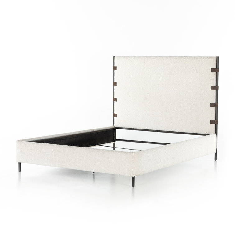King Cream Upholstered Metal Frame Bed with Faux Leather Straps