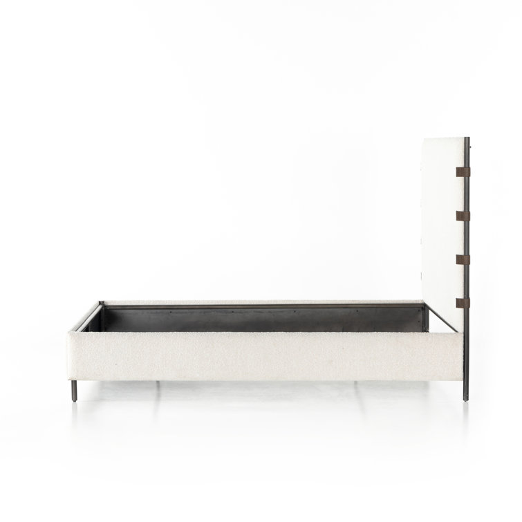 King Cream Upholstered Metal Frame Bed with Faux Leather Straps