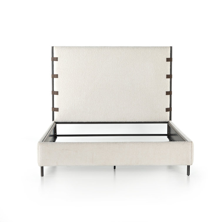 King Cream Upholstered Metal Frame Bed with Faux Leather Straps