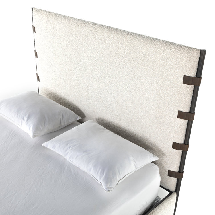 King Cream Upholstered Metal Frame Bed with Faux Leather Straps