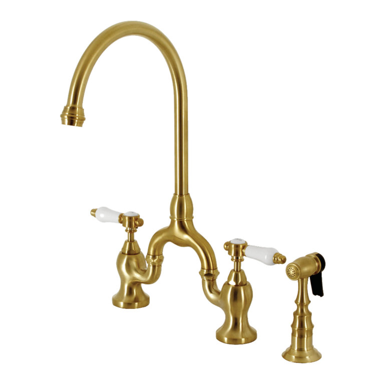 Brushed Brass Victorian Bridge Kitchen Faucet with Side Sprayer