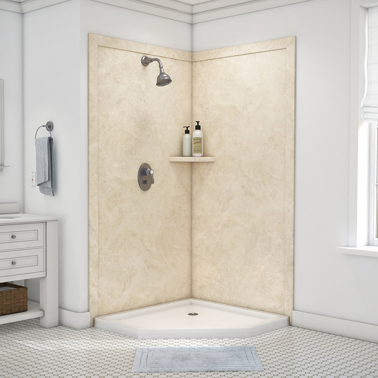 Splendor Creme Travertine Corner Shower Kit with Shelf