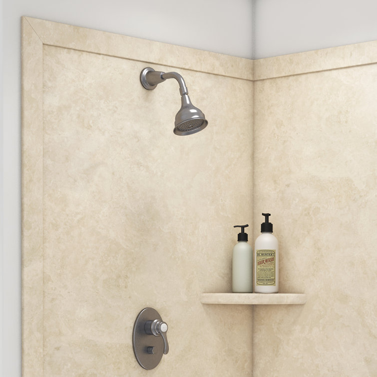 Splendor Creme Travertine Corner Shower Kit with Shelf