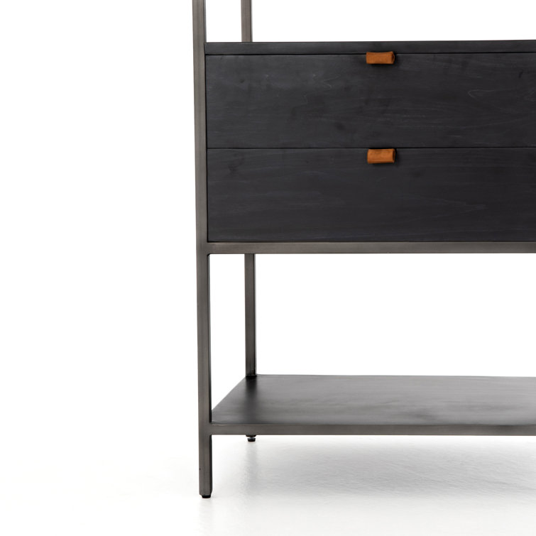 Contemporary Black Wash Poplar Bookshelf with Leather Pulls