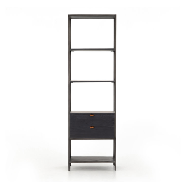 Contemporary Black Wash Poplar Bookshelf with Leather Pulls