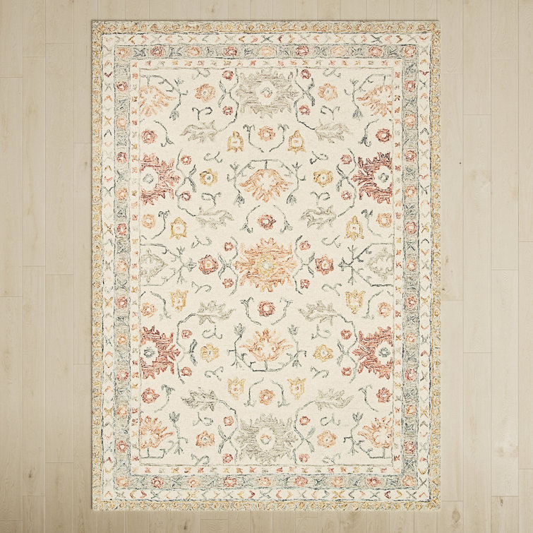 Handmade Ivory Wool Rectangular Floral Area Rug