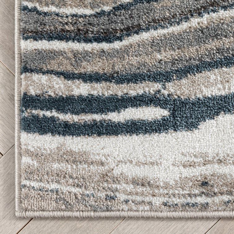 Reversible White Abstract Synthetic 63''x47'' Easy-Care Rug