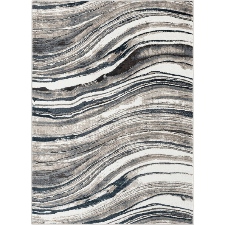 Reversible White Abstract Synthetic 63''x47'' Easy-Care Rug