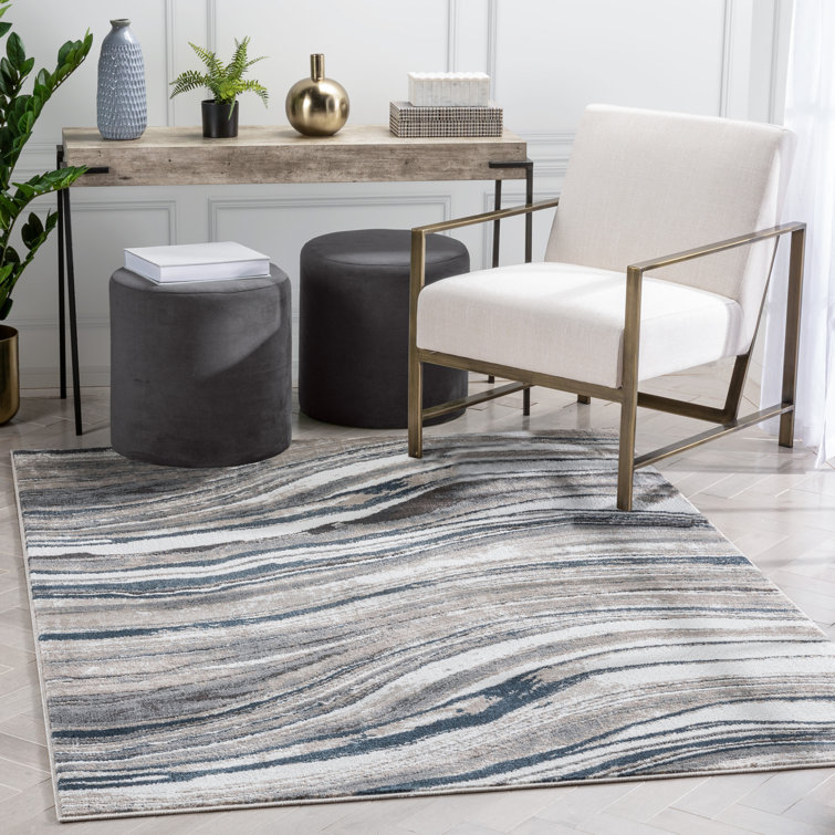 Reversible White Abstract Synthetic 63''x47'' Easy-Care Rug
