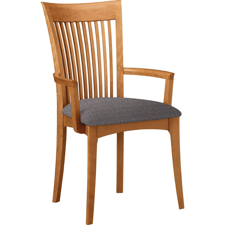 Modern Cherry Wood Slat Arm Chair with White Leather Upholstery