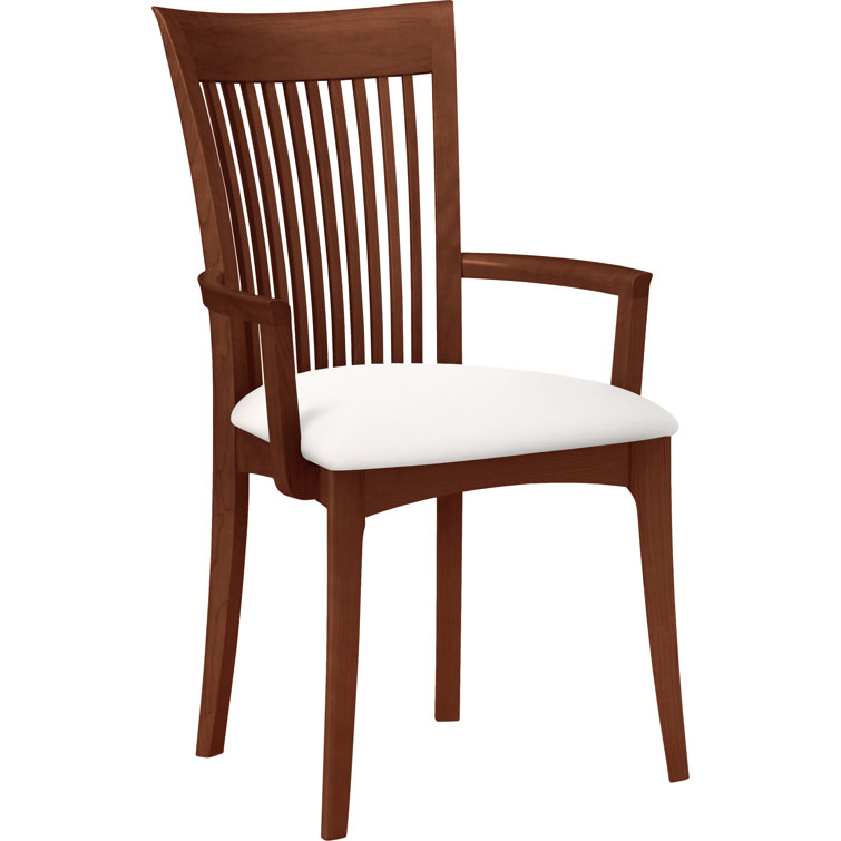 Modern Cherry Wood Slat Arm Chair with White Leather Upholstery