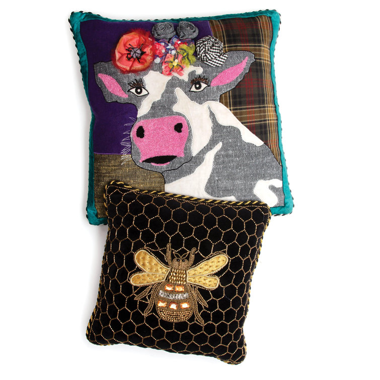 Kids' Square Velvet Pillow with Beaded Bee Design