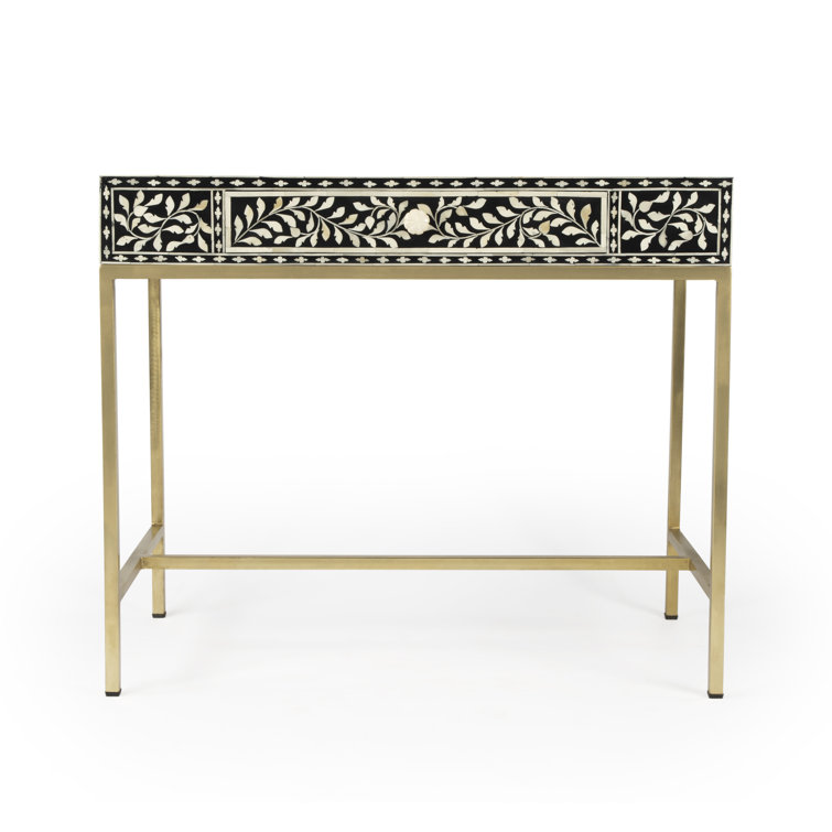 Black Bone Inlay Writing Desk with Drawer, 36"