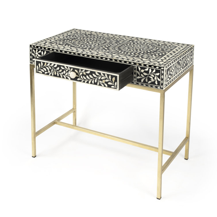 Black Bone Inlay Writing Desk with Drawer, 36"