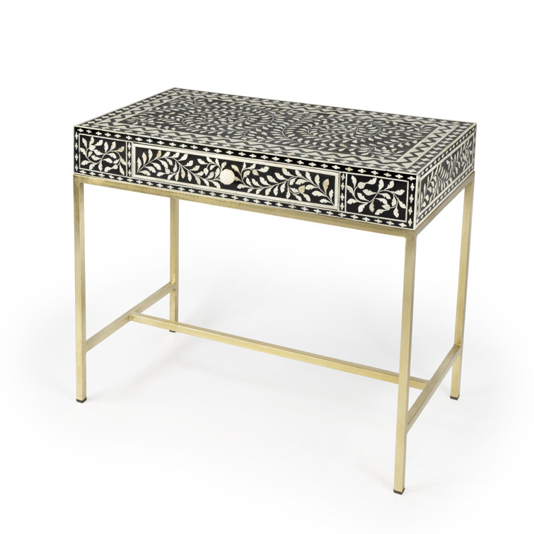 Black Bone Inlay Writing Desk with Drawer, 36"