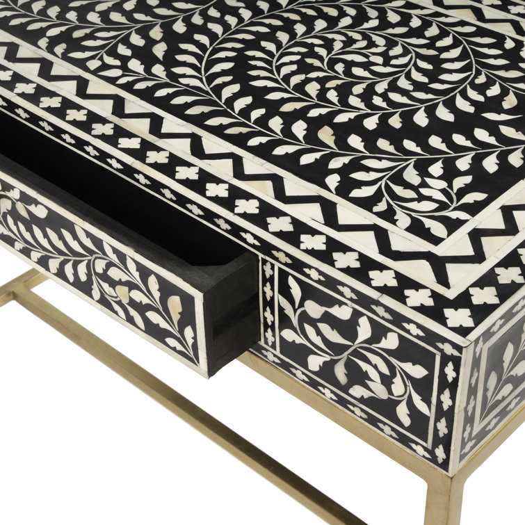 Black Bone Inlay Writing Desk with Drawer, 36"
