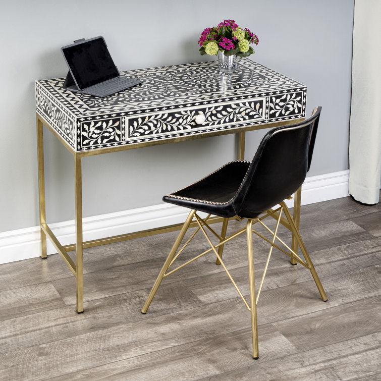 Black Bone Inlay Writing Desk with Drawer, 36"