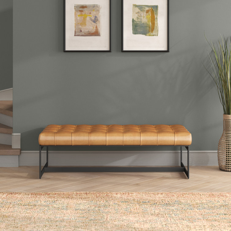Tan Genuine Leather Industrial Bench with Metal Frame