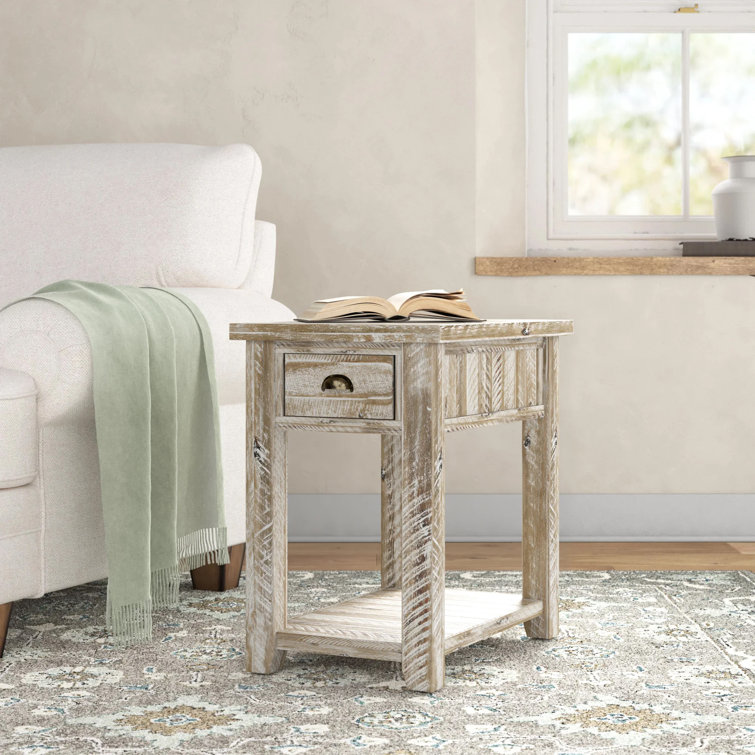 Washed Gray Solid Acacia Wood End Table with Storage