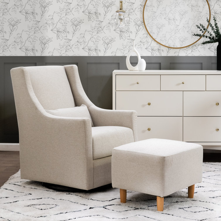Beige Eco-Weave Upholstered Swivel Glider with Ottoman