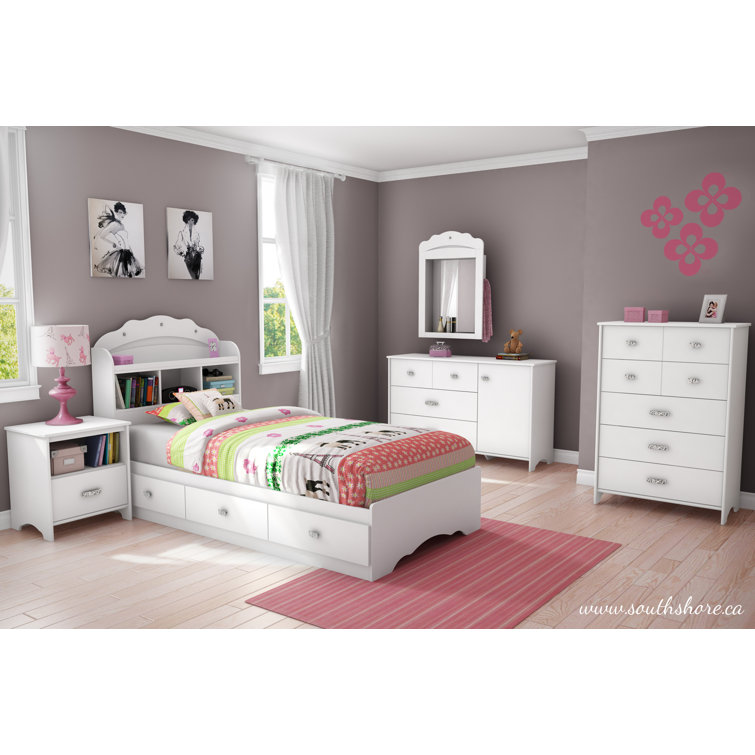 White Twin Wood Bookcase Headboard with Storage
