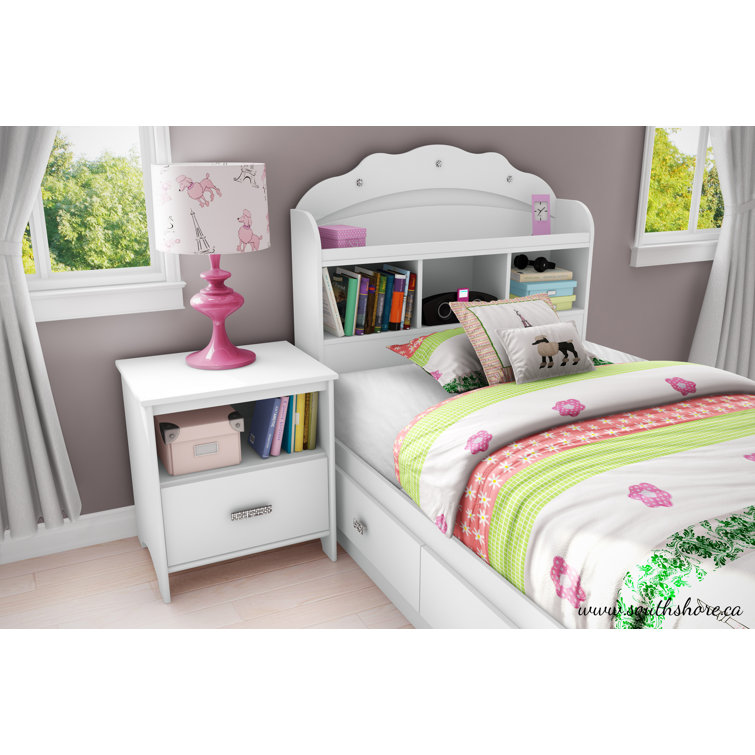 White Twin Wood Bookcase Headboard with Storage