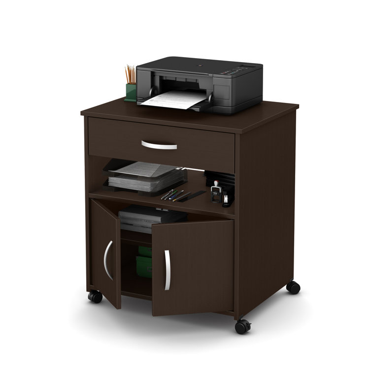 Chocolate Wood Mobile Printer Stand with Storage and Wheels