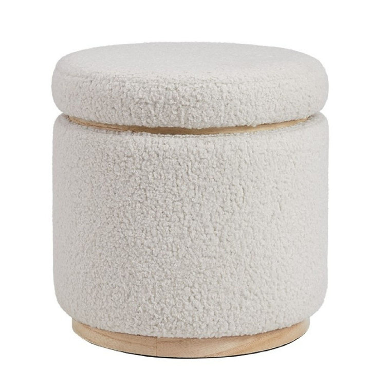 White Sherpa Round Storage Ottoman with Pinewood Trim