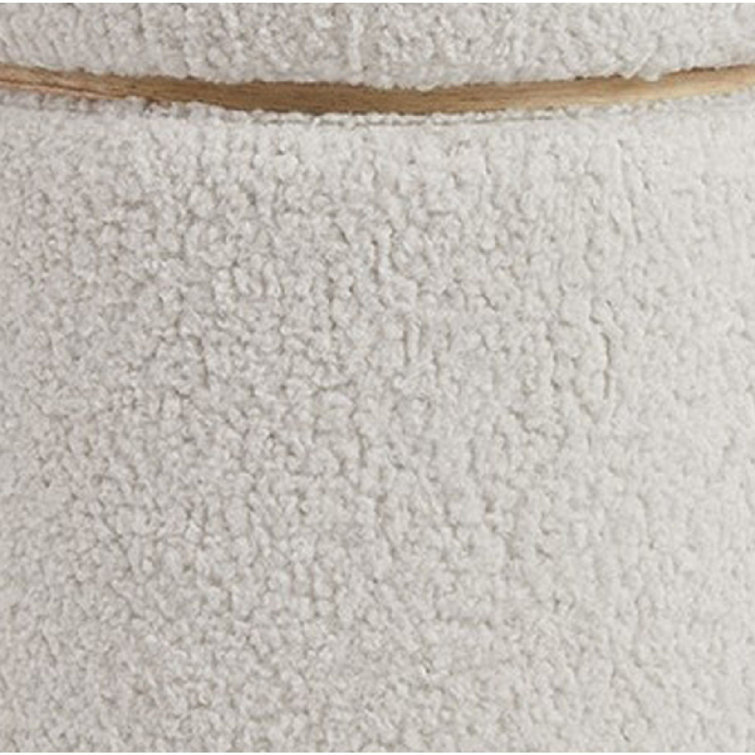 White Sherpa Round Storage Ottoman with Pinewood Trim