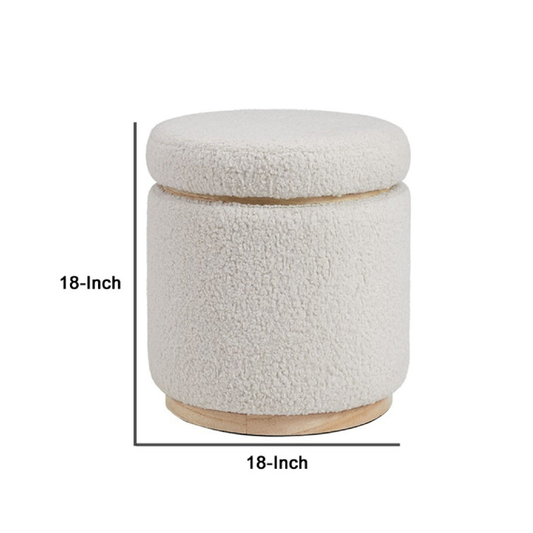 White Sherpa Round Storage Ottoman with Pinewood Trim