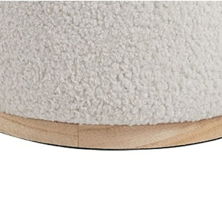 White Sherpa Round Storage Ottoman with Pinewood Trim