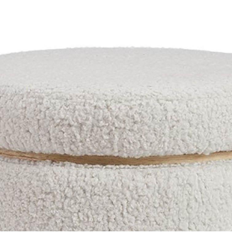 White Sherpa Round Storage Ottoman with Pinewood Trim