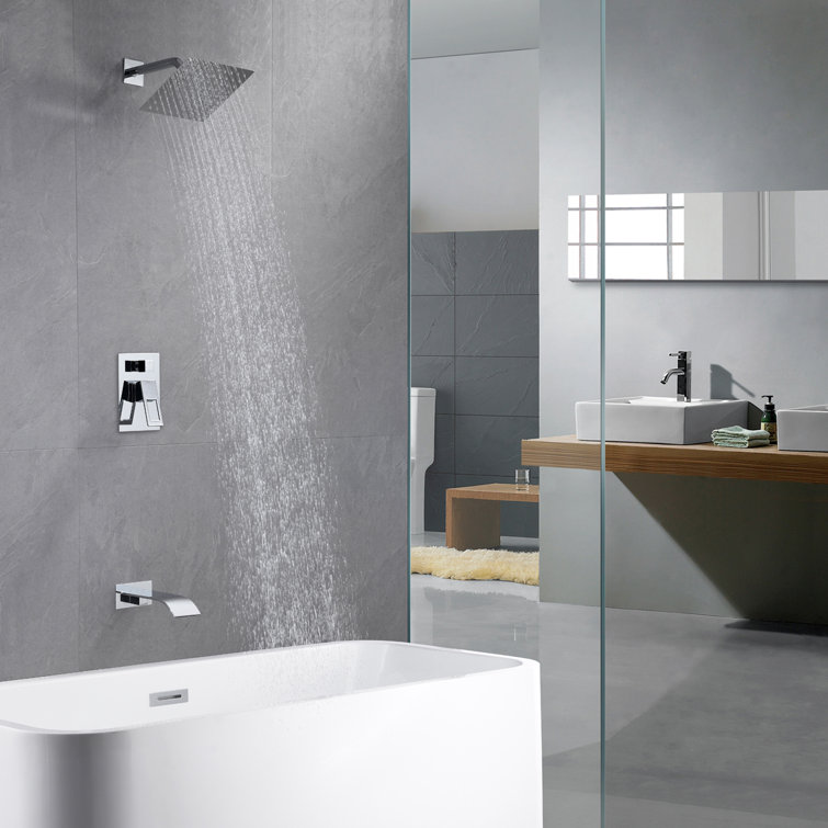 Chrome Square Rain Shower System with Wall Mounted Tub Faucet