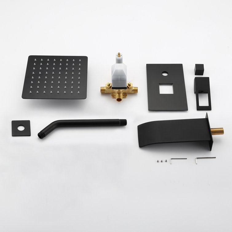 Matte Black Wall Mounted Rain Shower System with Waterfall Tub Spout