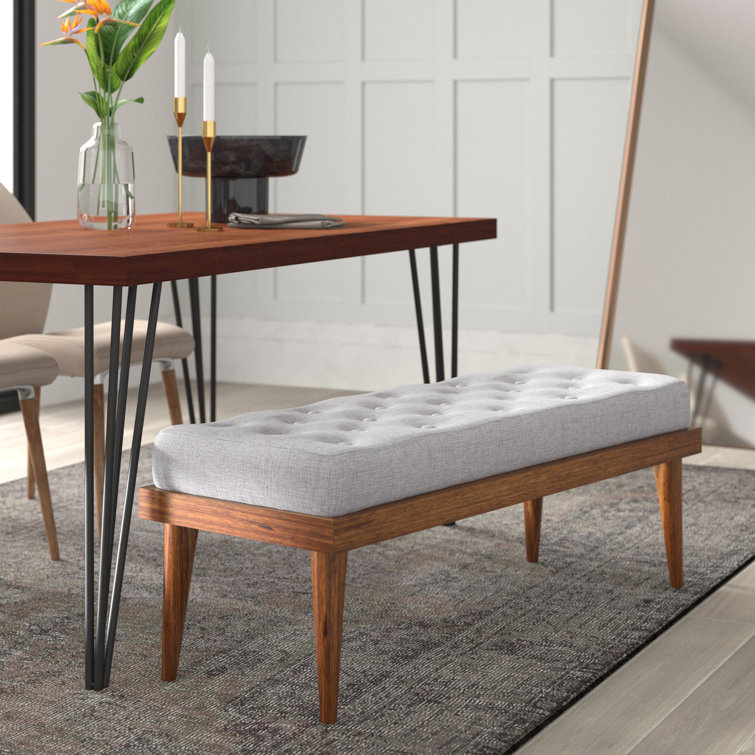 Grayish Beige Foam Upholstered Bench with Walnut Finish