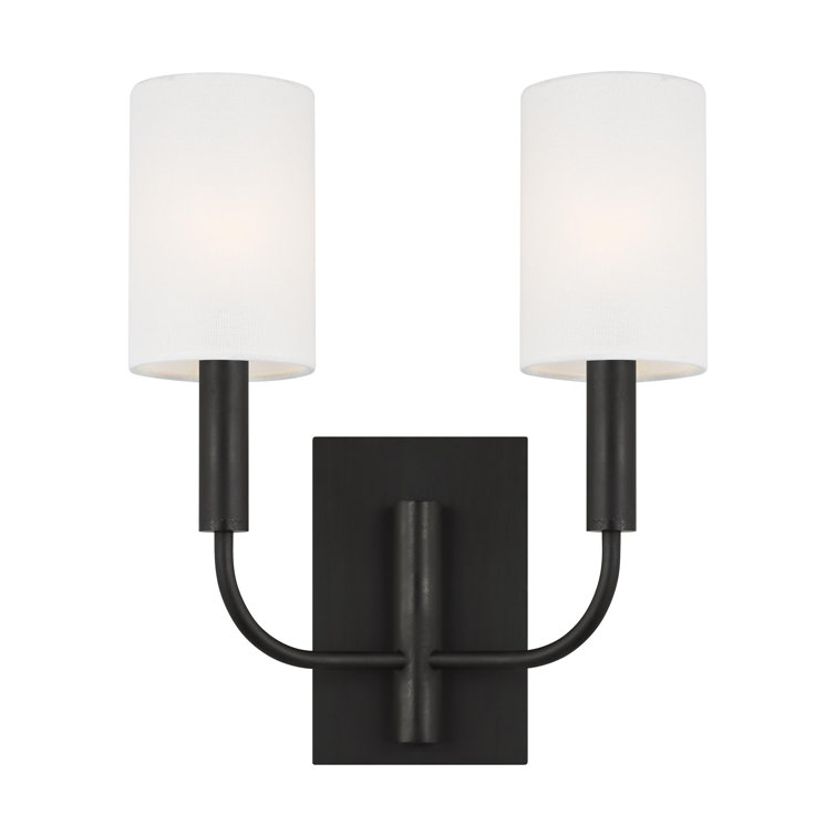 Brianna Aged Iron 2-Light Wall Sconce with White Linen Shade