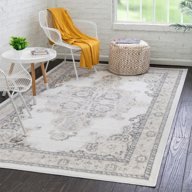 Ivory and Gray Synthetic Medallion Square Rug