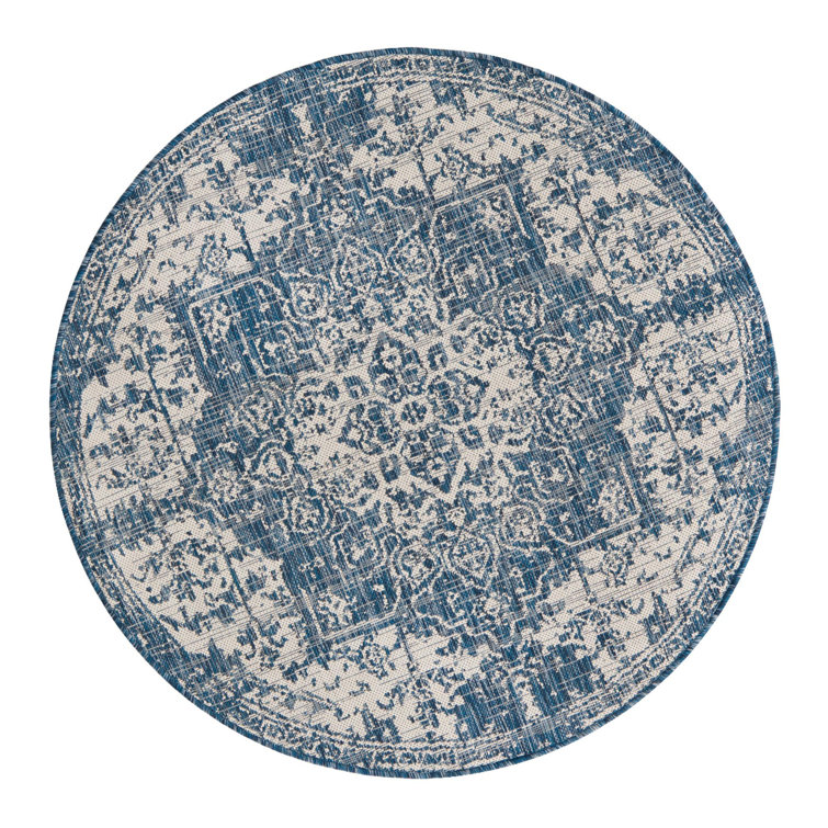 Blue Round Synthetic Medallion Outdoor Rug, 4'