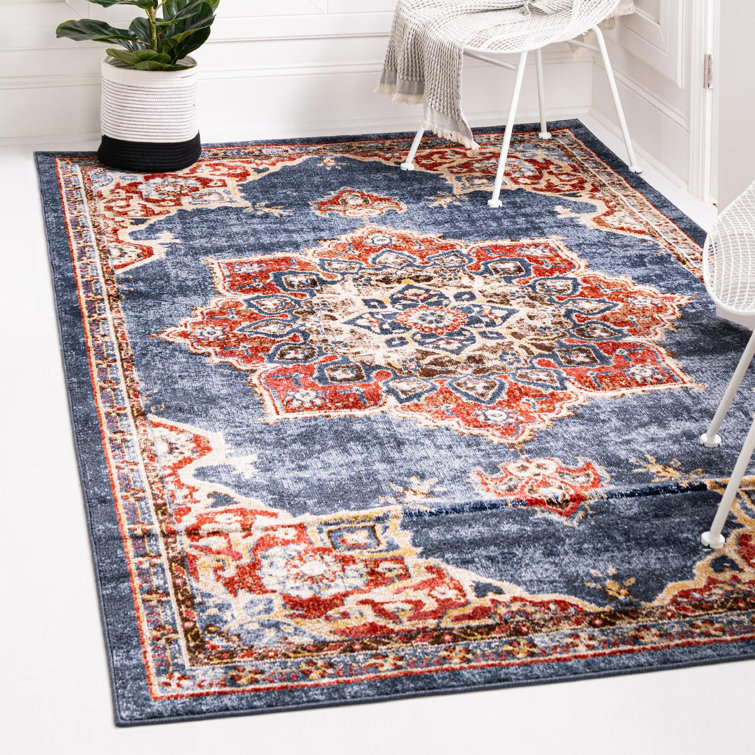 Navy Blue and Red Oriental Synthetic Runner Rug