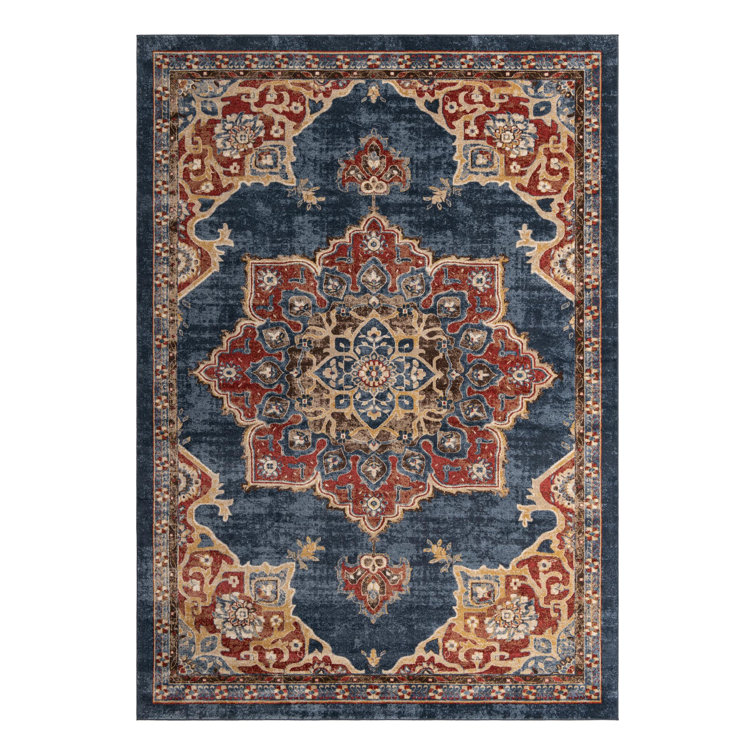 Navy Blue and Red Oriental Synthetic Runner Rug