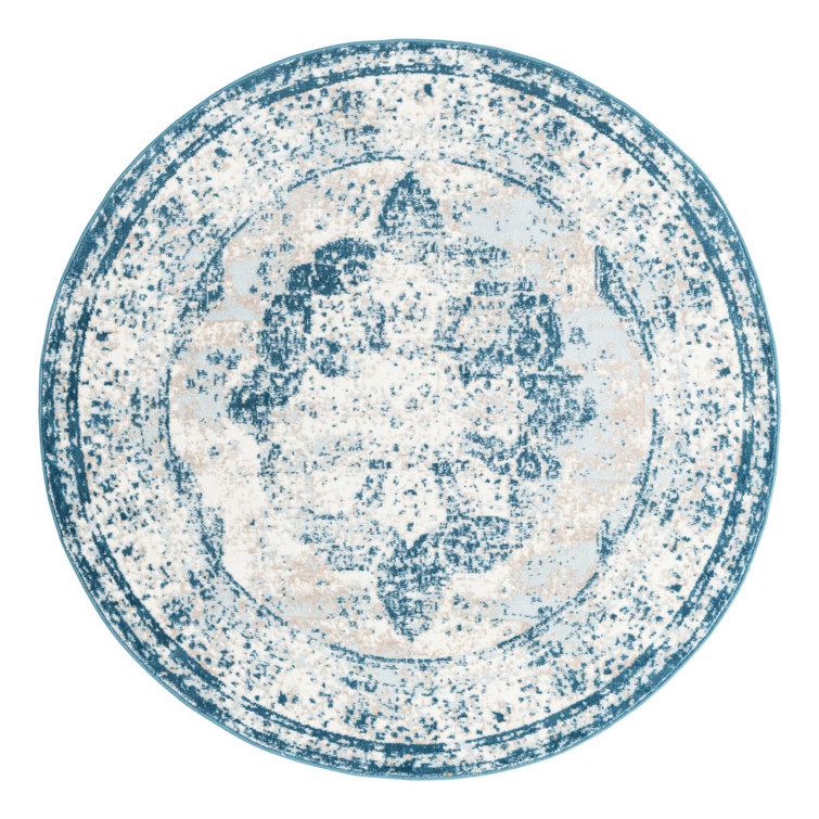 Round Blue Synthetic Stain-Resistant Area Rug