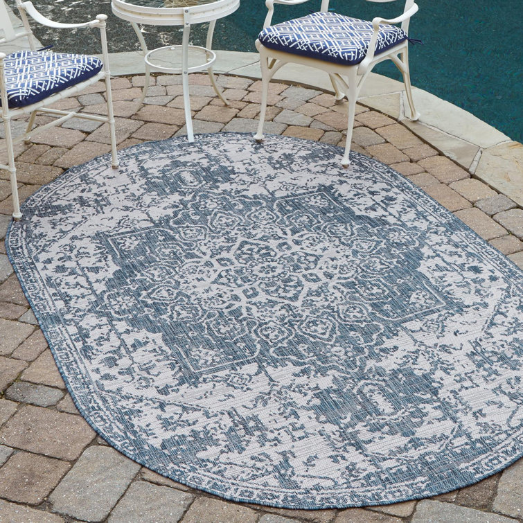 Blue and Ivory Oval Flat Woven Outdoor Rug 8' x 10'