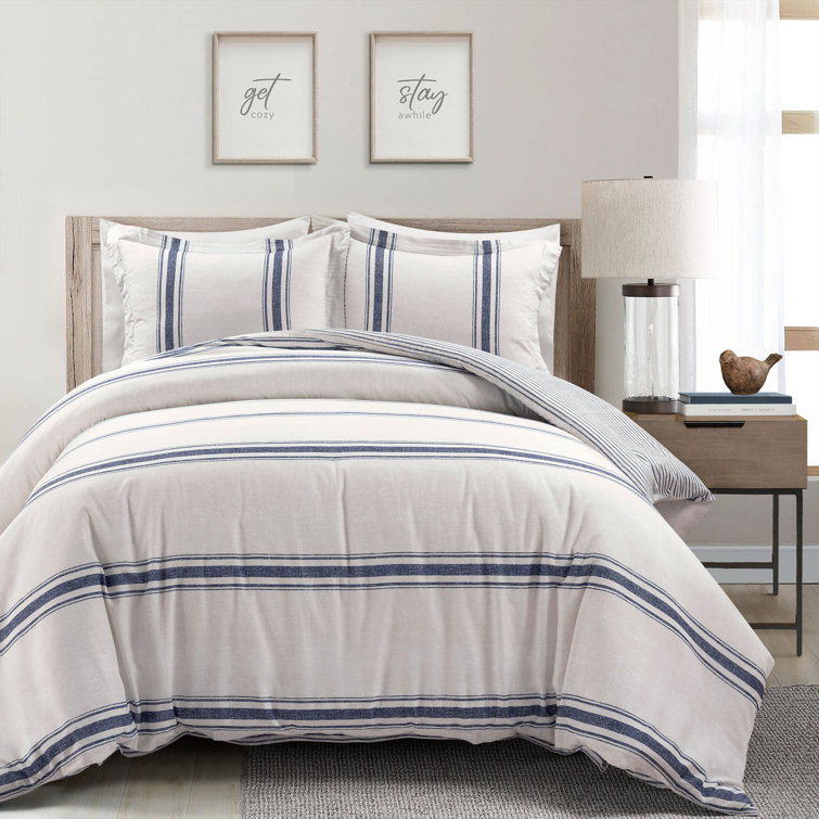 King Navy Cotton Farmhouse Stripe Reversible Duvet Cover Set