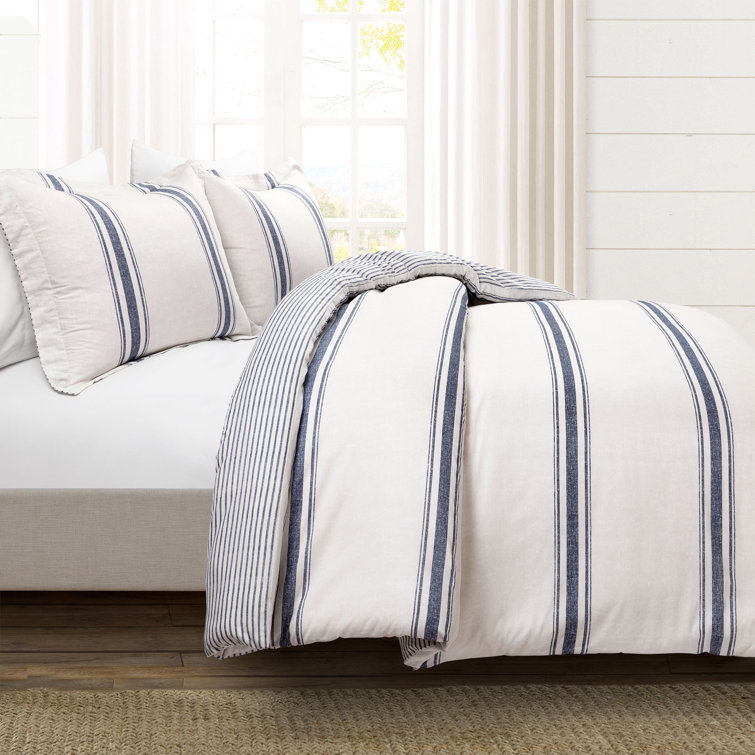 Navy Full/Queen Cotton Farmhouse Stripe Reversible Duvet Cover Set