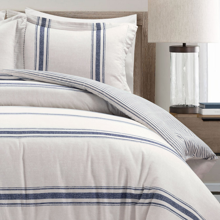 Navy Full/Queen Cotton Farmhouse Stripe Reversible Duvet Cover Set