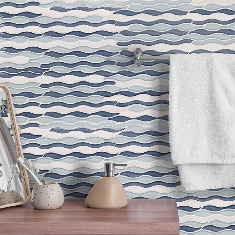 Blue and White Wavy Glass Mosaic Tile
