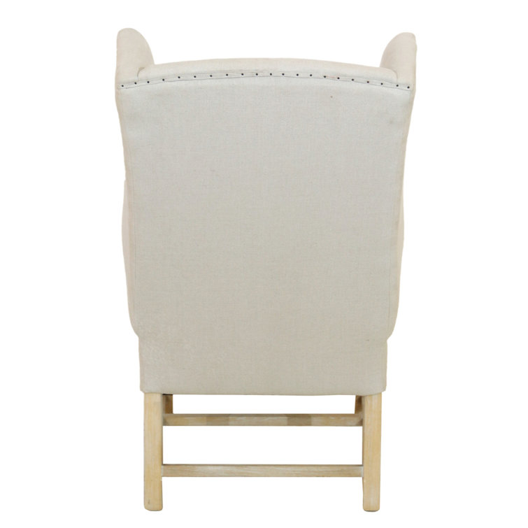 Lisbon Beige Linen and Oak Wingback Armchair with Nailhead Trim