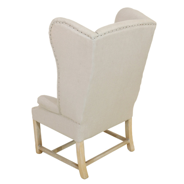 Lisbon Beige Linen and Oak Wingback Armchair with Nailhead Trim